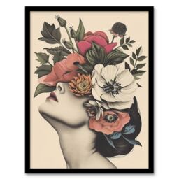 Artery8 Woman Flower Headdress Vintage Style Flowerpunk Framed Art Print in Pink - Size: A4 - thumbnail 1