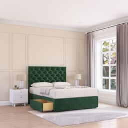 Sloomy Mayfair Plush Velvet Memory Foam Bed Set With 2 Drawers, Mattress & Headboard in Emerald - Size: Small Double - thumbnail 1