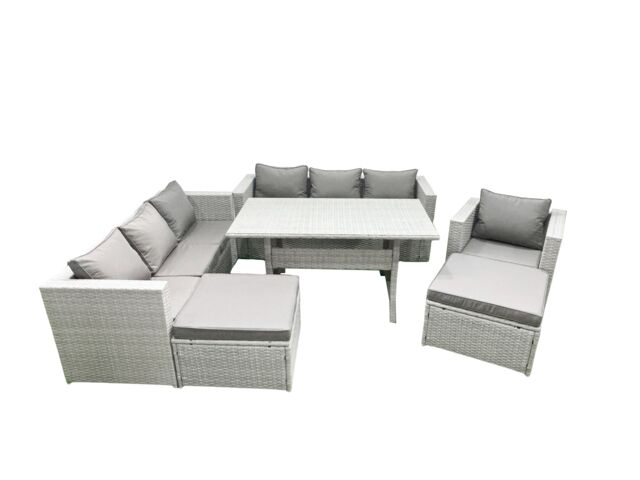 Fimous 7 Pieces Outdoor Rattan Sofa Set with Cushions Patio Garden Furniture Sets with Armchair Dining Table 2 Big Footstools in Light Grey - image 1