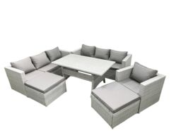 Fimous 7 Pieces Outdoor Rattan Sofa Set with Cushions Patio Garden Furniture Sets with Armchair Dining Table 2 Big Footstools in Light Grey - thumbnail 2