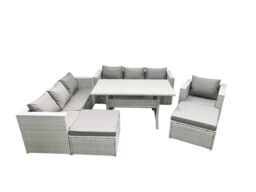 Fimous 7 Pieces Outdoor Rattan Sofa Set with Cushions Patio Garden Furniture Sets with Armchair Dining Table 2 Big Footstools in Light Grey - thumbnail 1