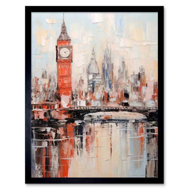 Artery8 Wall Art Print London Skyline Abstract Oil Painting Thick Paint Red Big Ben River Thames Westminster Bridge England City Art Framed - image 1