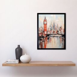 Artery8 Wall Art Print London Skyline Abstract Oil Painting Thick Paint Red Big Ben River Thames Westminster Bridge England City Art Framed - thumbnail 2