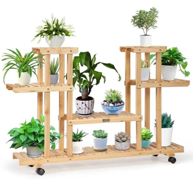 VOGREX 4-Tier Wooden Plant Stand with Wheels & 8 Shelves in Natural - image 1