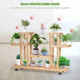 VOGREX 4-Tier Wooden Plant Stand with Wheels & 8 Shelves in Natural - thumbnail 5