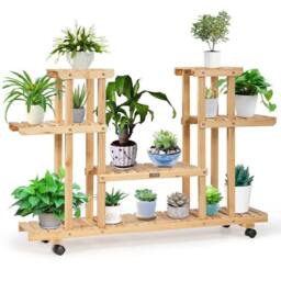 VOGREX 4-Tier Wooden Plant Stand with Wheels & 8 Shelves in Natural