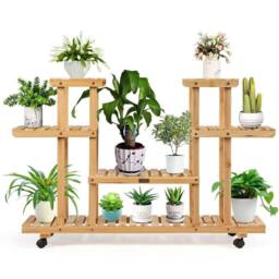 VOGREX 4-Tier Wooden Plant Stand with Wheels & 8 Shelves in Natural - thumbnail 6