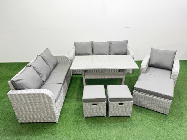 Fimous 10 Seater Poly Rattan Outdoor Garden Furniture Rectangular Dining Table Sofa Set Patio 3 Seater Sofa Reclining Chair 3 Seater Sofa 3 Stools - image 1