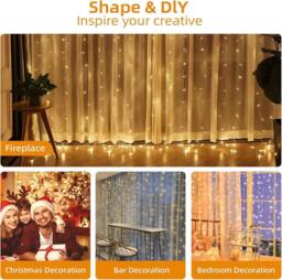 NIVOR Curtain Lights Indoor Outdoor, 300LED 3mx3m Fairy Lights 8 Modes 3000K in Clear - thumbnail 6