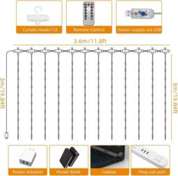 NIVOR Curtain Lights Indoor Outdoor, 300LED 3mx3m Fairy Lights 8 Modes 3000K in Clear - thumbnail 2