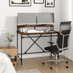 Berkfield Home Desk Smoked Oak 100x50x90 cm Engineered Wood & Iron in Brown - Size: 100 x 50 x 90 cm - thumbnail 3