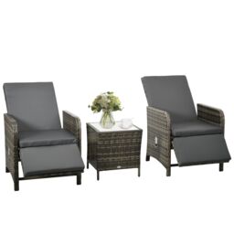 OUTSUNNY 3 Pieces Rattan Bistro Set w/ Adjustable Backrest in Dark Grey - thumbnail 2