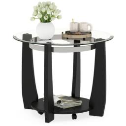 Costway Rolling Glass Round Coffee Table 2-Tier Cocktail Table w/Storage Shelf in Black - thumbnail 3