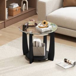 Costway Rolling Glass Round Coffee Table 2-Tier Cocktail Table w/Storage Shelf in Black - thumbnail 1