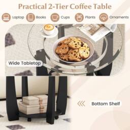 Costway Rolling Glass Round Coffee Table 2-Tier Cocktail Table w/Storage Shelf in Black - thumbnail 6