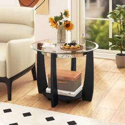 Costway Rolling Glass Round Coffee Table 2-Tier Cocktail Table w/Storage Shelf in Black - thumbnail 5