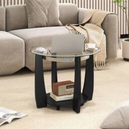 Costway Rolling Glass Round Coffee Table 2-Tier Cocktail Table w/Storage Shelf in Black - thumbnail 4