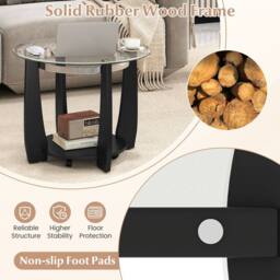 Costway Rolling Glass Round Coffee Table 2-Tier Cocktail Table w/Storage Shelf in Black - thumbnail 8