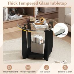 Costway Rolling Glass Round Coffee Table 2-Tier Cocktail Table w/Storage Shelf in Black - thumbnail 7