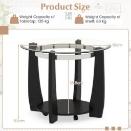 Costway Rolling Glass Round Coffee Table 2-Tier Cocktail Table w/Storage Shelf in Black - thumbnail 2
