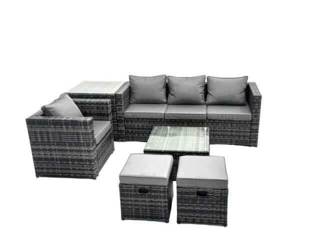 Fimous 6 Seater Patio Lounge Sofa Set with Side Table 2 Small Footstools in Dark Grey - image 1