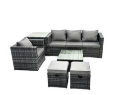 Fimous 6 Seater Patio Lounge Sofa Set with Side Table 2 Small Footstools in Dark Grey - thumbnail 1