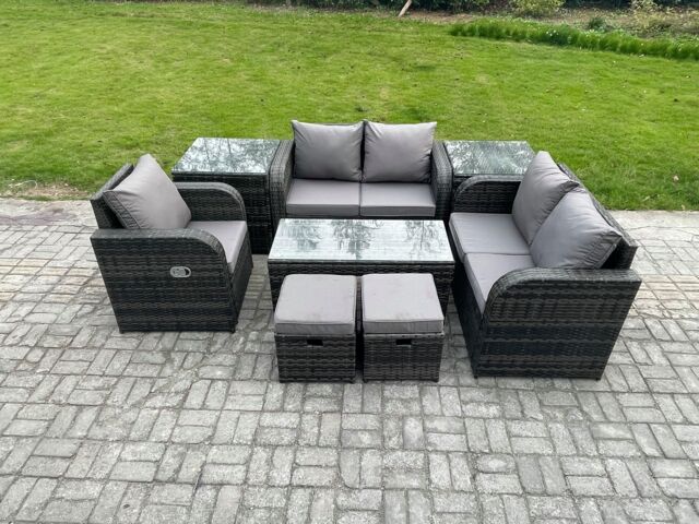 Fimous 7 Seater Rattan Outdoor Garden Furniture Sofa Set Patio Table & Chairs Set with 2 Side Tables 2 Small Footstools Dark Grey Mixed - image 1
