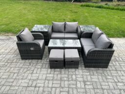 Fimous 7 Seater Rattan Outdoor Garden Furniture Sofa Set Patio Table & Chairs Set with 2 Side Tables 2 Small Footstools Dark Grey Mixed - thumbnail 2