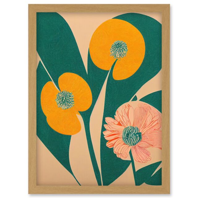 Artery8 California Poppy Flower Blooms Turquoise Leaves Bright Artwork Framed Wall Art Print A4 in Light Oak - image 1