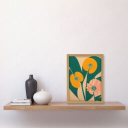 Artery8 California Poppy Flower Blooms Turquoise Leaves Bright Artwork Framed Wall Art Print A4 in Light Oak - thumbnail 2
