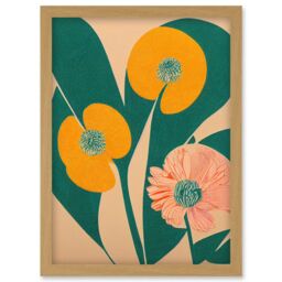Artery8 California Poppy Flower Blooms Turquoise Leaves Bright Artwork Framed Wall Art Print A4 in Light Oak - thumbnail 1