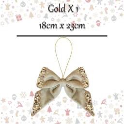 VFM e-Store Christmas Velvet Bow Hanging Decoration 18cm x 23cm Gold X 1 - Size: 18 cm x 23 cm - thumbnail 2