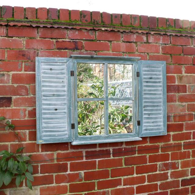 Melody Maison Distressed Green Shutter Style Garden Wall Mounted Mirror 60cm X 70cm - Size: 60 cm X 70 cm - image 1