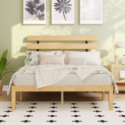Costway King Size Bed Frame Wood Platform Bed w/ Retro Headboard in Natural - thumbnail 3