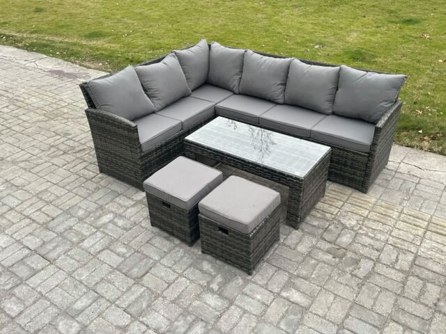 Fimous 8 Seater Outdoor Rattan Garden Furniture Set Corner Sofa Oblong Coffee Table Sets with Patio 2 Small Footstools Dark Grey Mixed - image 1