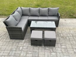 Fimous 8 Seater Outdoor Rattan Garden Furniture Set Corner Sofa Oblong Coffee Table Sets with Patio 2 Small Footstools Dark Grey Mixed - thumbnail 2