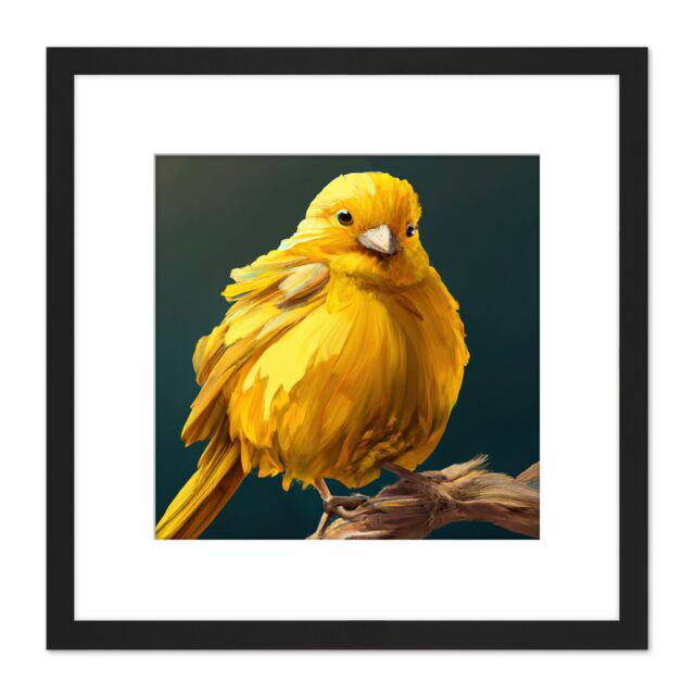 Artery8 Bright Canary Bird Perched on Branch Yellow Oil Painting Square Wooden Framed Wall Art Print Picture 8X8 Inch in Black - image 1