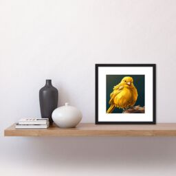 Artery8 Bright Canary Bird Perched on Branch Yellow Oil Painting Square Wooden Framed Wall Art Print Picture 8X8 Inch in Black - thumbnail 2