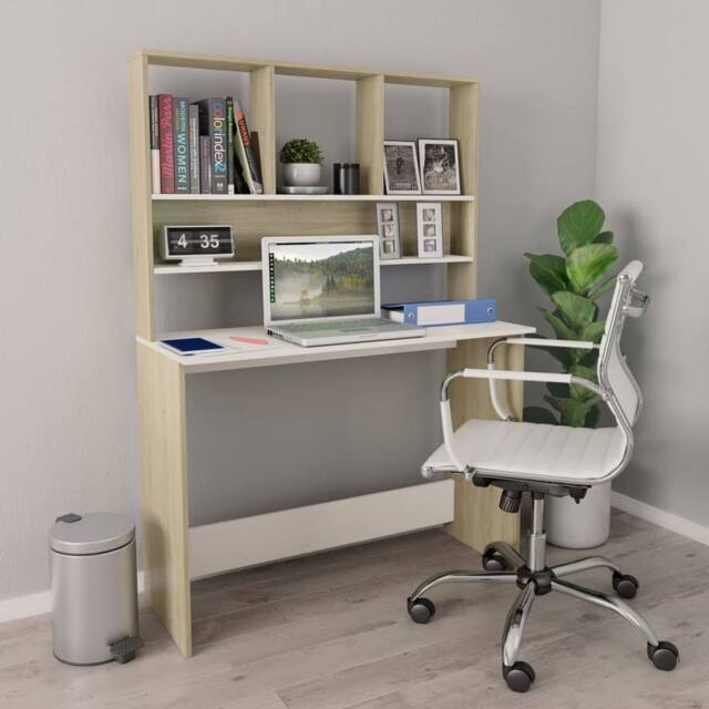 Berkfield Home Desk with Shelf White & Sonoma Oak 110x45x157 cm Engineered Wood - Size: 110 x 45 x 157 cm - image 1