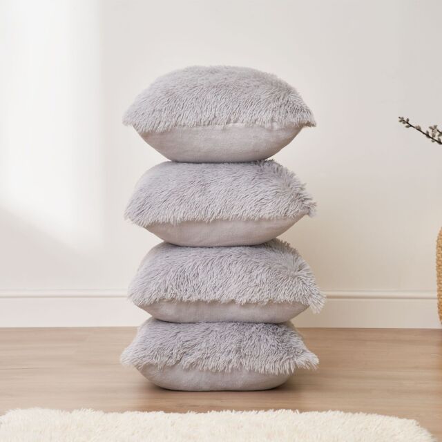 OHS Set of 4 Fluffy Shaggy Filled Cushion with Cover Square in Silver - Size: 45 cm x 45 cm - image 1