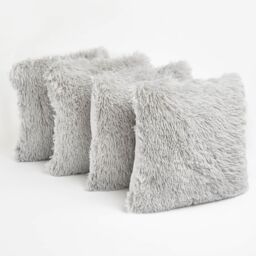 OHS Set of 4 Fluffy Shaggy Filled Cushion with Cover Square in Silver - Size: 45 cm x 45 cm - thumbnail 2