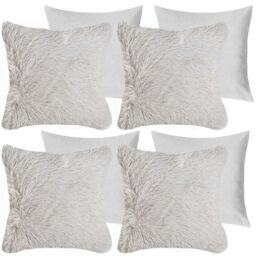 OHS Set of 4 Fluffy Shaggy Filled Cushion with Cover Square in Silver - Size: 45 cm x 45 cm - thumbnail 3