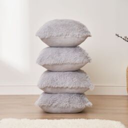 OHS Set of 4 Fluffy Shaggy Filled Cushion with Cover Square in Silver - Size: 45 cm x 45 cm - thumbnail 1