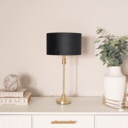 ValueLights Maggie Gold Candlestick Table Lamp with Velvet Drum with Gold Inner Lamp Shade in Black - thumbnail 3