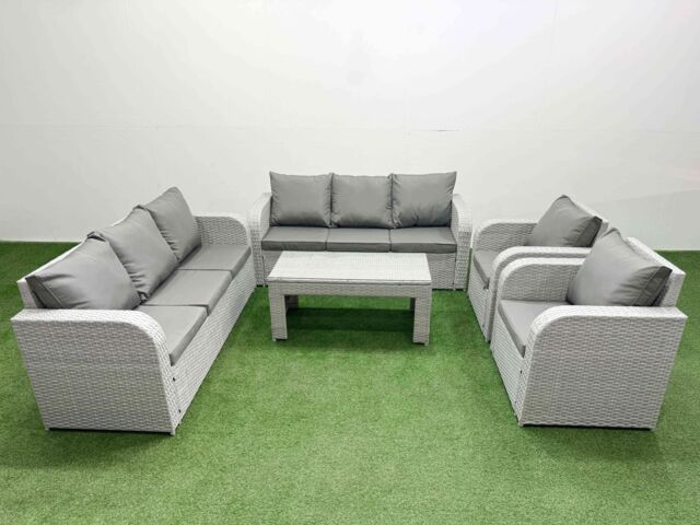 Fimous PE Rattan High Back Lounge Sofa Set Patio Oblong Coffee Table & Chairs Set with 3 Seater Sofa Reclining Chair Light Grey - image 1