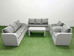 Fimous PE Rattan High Back Lounge Sofa Set Patio Oblong Coffee Table & Chairs Set with 3 Seater Sofa Reclining Chair Light Grey - thumbnail 2