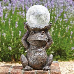 mysmartbuy Solar Powered LED Frog Garden Ornament with Crackle Glass Ball Light in Bronze - thumbnail 1