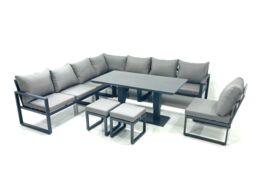 Fimous 10 Seater Outdoor Aluminum Garden Furniture Set Corner Sofa 2 Small Footstools Rising Lifting Dining Table Sets Dark Grey - thumbnail 1