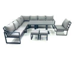 Fimous 10 Seater Outdoor Aluminum Garden Furniture Set Corner Sofa 2 Small Footstools Rising Lifting Dining Table Sets Dark Grey - thumbnail 2