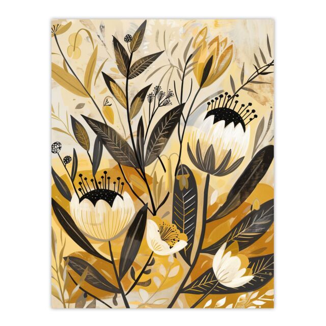 "Artery8 Anemone Flowers Mustard Yellow Grey Boho Design Wall Art Print - Size: W12"" x H16""" - image 1